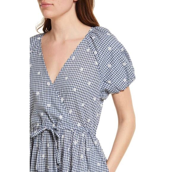 Madewell Blue White Faux Wrap Embroidered Gingham Check Midi Dress XXS Tie Waist - Picture 6 of 12
